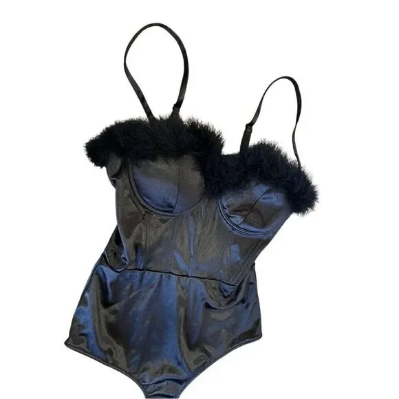 NWT Windsor Black Satin Bodysuit With Black Feather Detail Women’s L - Picture 5 of 11